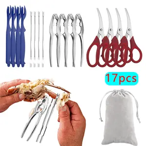 17 Packs Crab Lobster Crackers Stainless Steel Forks Opener Shellfish Lobster Crab Leg Sheller Seafood Scissors and Storage Bag, Multifunctional Crab Crackers and Tools Kit for Kitchen, Restaurant or Party