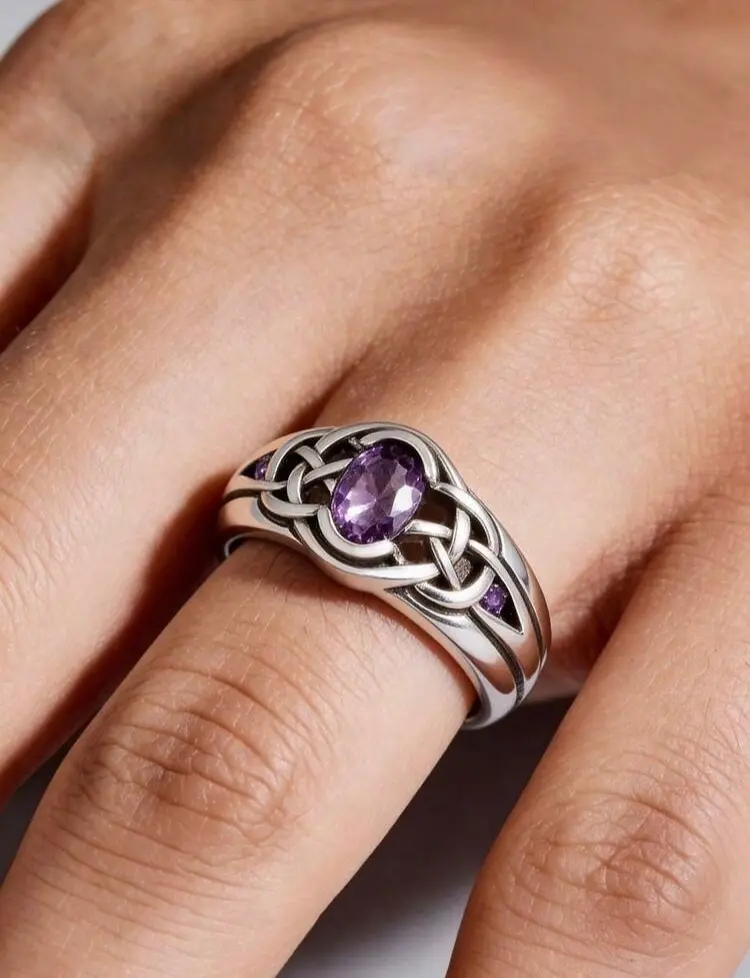 Sterling Silver Oval Amethyst Celtic Trinity Knot Wide Band Ring Unisex - S925 purple CZ hollow interwoven filigree, February birthstone, Irish Wicca statement anniversary St Patrick's Day gift Sterling Silver Oval Amethyst Celtic Trinity Knot Wide Band Ring Unisex - S925 purple CZ hollow interwoven filigree, February birthstone, Irish Wicca statement anniversary St Patrick's Day gift
