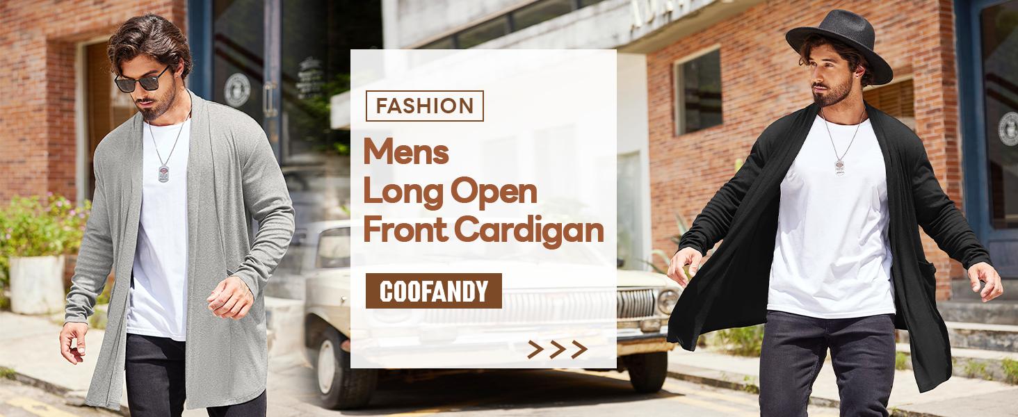 Coofandy Men's Black Ruffle Shawl Collar Cardigan Open Front Lightweight Long Length Drape Cape with Pockets Casual Fashionable Long Sleeve Tops