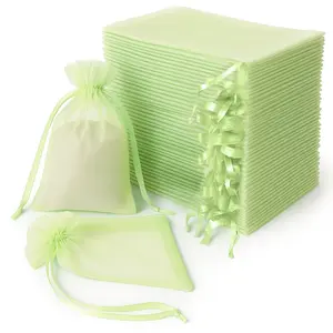 100 Pack Mint Organza Drawstring Gift Bags, 6" x 9" – Wedding Party Favor Bags