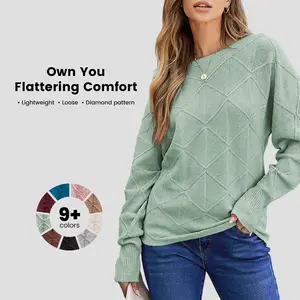 EVALESS Women's Crewneck Long Sleeve Loose Knitted Sweater - Elegant, Bat, Dressy Spring Fall Winter Casual Lightweight Pullover Tops