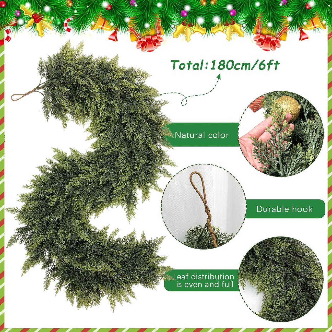 6 FT 2 Pcs Artificial Cedar Garlands, Real Touch Winter Cedar Garland, Green Artificial Greenery Pine Garland for Table, Mantle, Wall, Indoor, Outdoor Christmas Decorations (2, 6 FT)