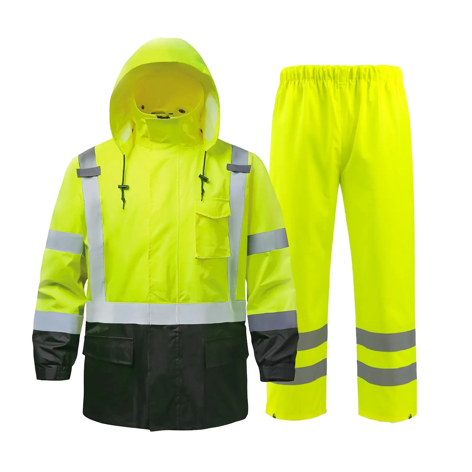 High-Visibility Rain Suit, ANSI Class 3 Waterproof Jacket and Pants Set With 6 pockets,FULL Zip Hooded Rain For outdoor Hiking Camping Fishing Boating Condstruction Landscaping Gardening,Essential for the rainy season,night work