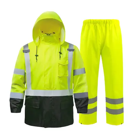 Adults' ANSI Class 3 High-Vis Lime Breathable Polyester Coated Waterproof Workwear Raincoat Set - 6-Pocket Utility Zip-Up Adjustable Hood Jacket & Durable Pants for Construction, Outdoor Work, Reflective Fabric