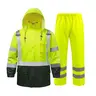 Adults' ANSI Class 3 High-Vis Lime Breathable Polyester Coated Waterproof Workwear Raincoat Set - 6-Pocket Utility Zip-Up Adjustable Hood Jacket & Durable Pants for Construction, Outdoor Work, Reflective Fabric