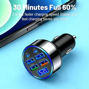 60W Super Fast 6-Port Car Charger | 2 PD Type-C 4 USB | LED Voltage Monitor
