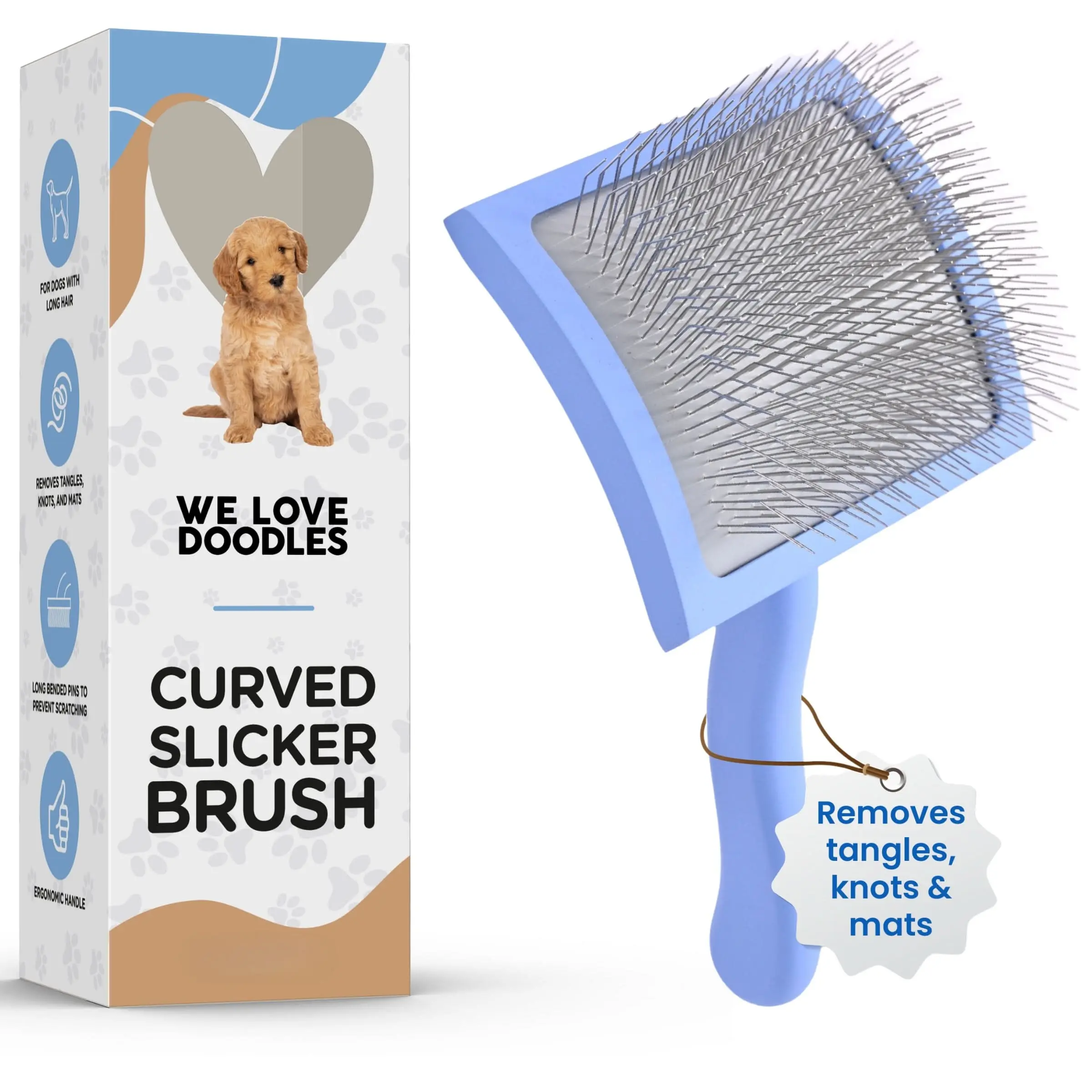 Curved Grooming Slicker Brush for Dogs, Soft Pin Goldendoodle Brush for Dematting & Shedding, Ideal Dog Slicker Brush for Poodles, Labradoodles & Small Breeds, Professional Pet Tool [We Love Doodles]
