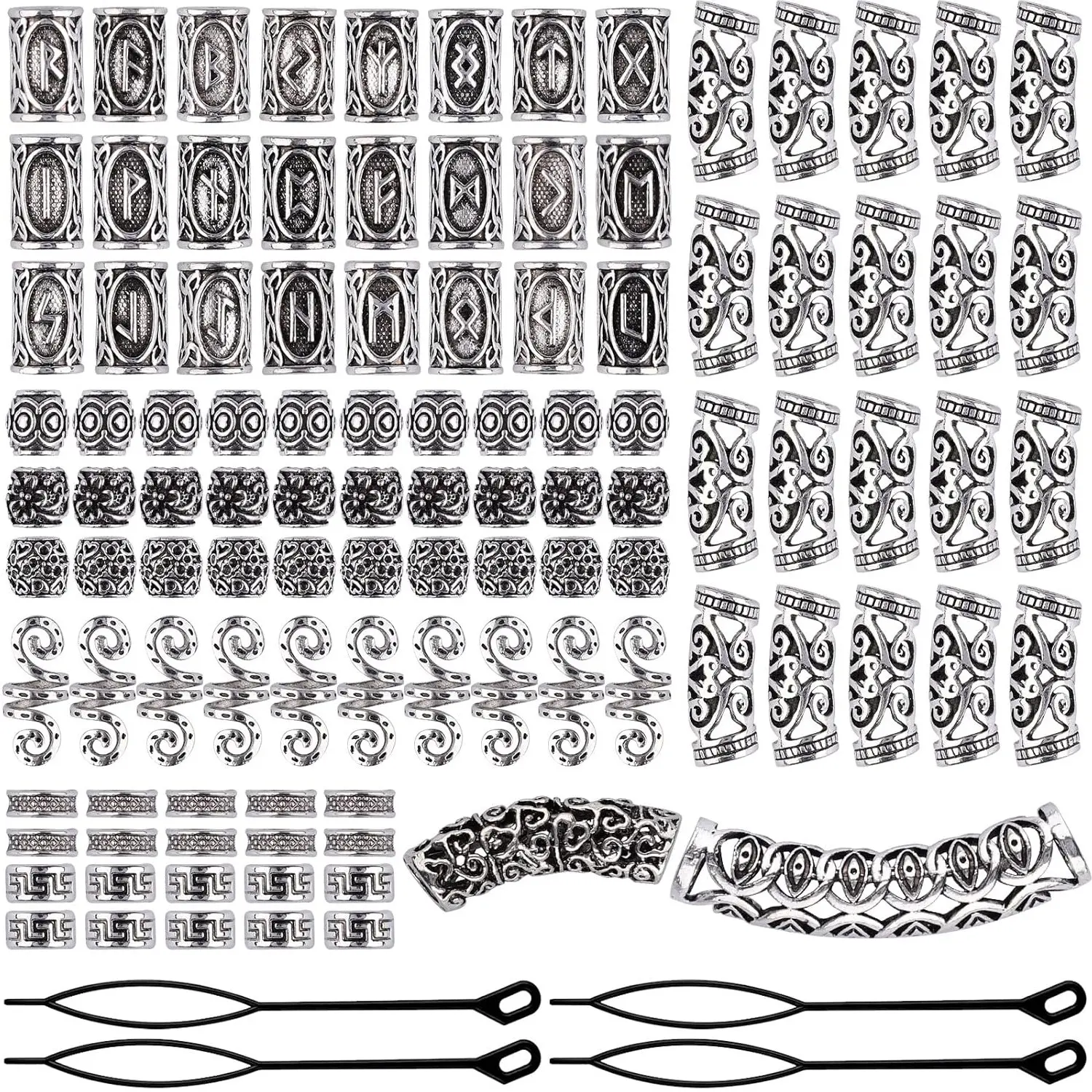 110pcs Viking Style Beard Beads, Metal Braided Beads for Weaving Dreadlocks, Braiding, Antique Nordic Norse Norwegian Hair Beads with Pull Pins, Runes, DIY Jewelry Decoration, Hair Accessories, Hair Decorations