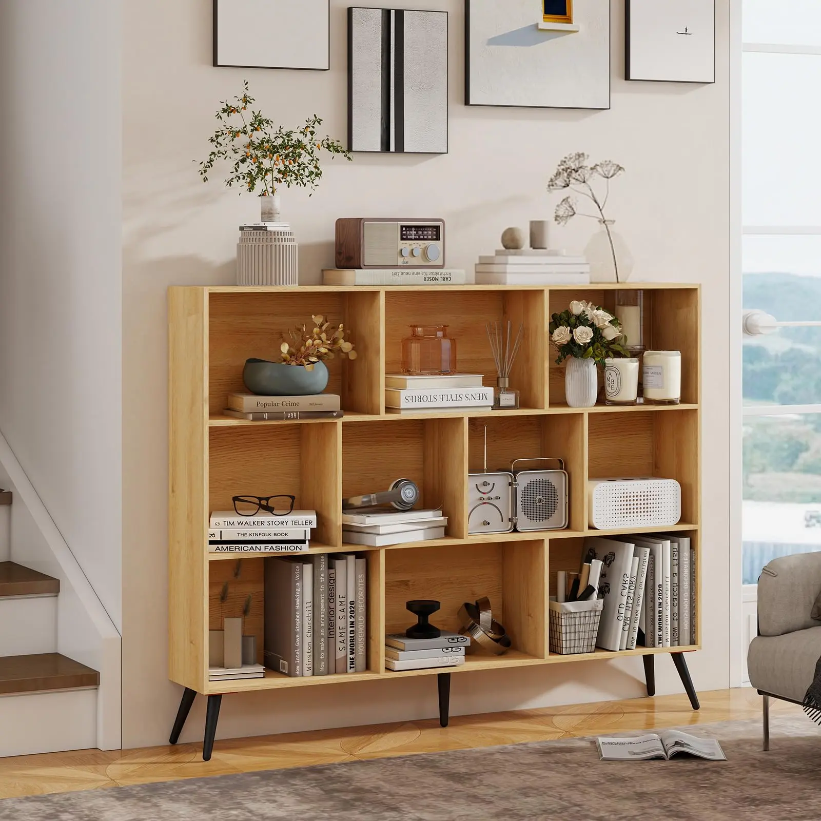 Spacious 10-Cube Wooden Record Player Stand & Bookshelf – Freestanding 3-Tier Open Storage Cabinet – Vinyl Display Organizer with Sturdy Legs – Modern Office, Living Room, Home Decor – Natural Brown