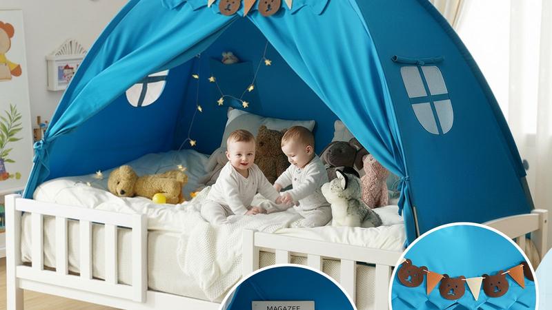 Children's play tent with Stars Light & Flags, Breathable Sleeping Bed Tent, Privacy Space Dream Playhouse for kids Indoor Bedroom Floor Portable Play Tent