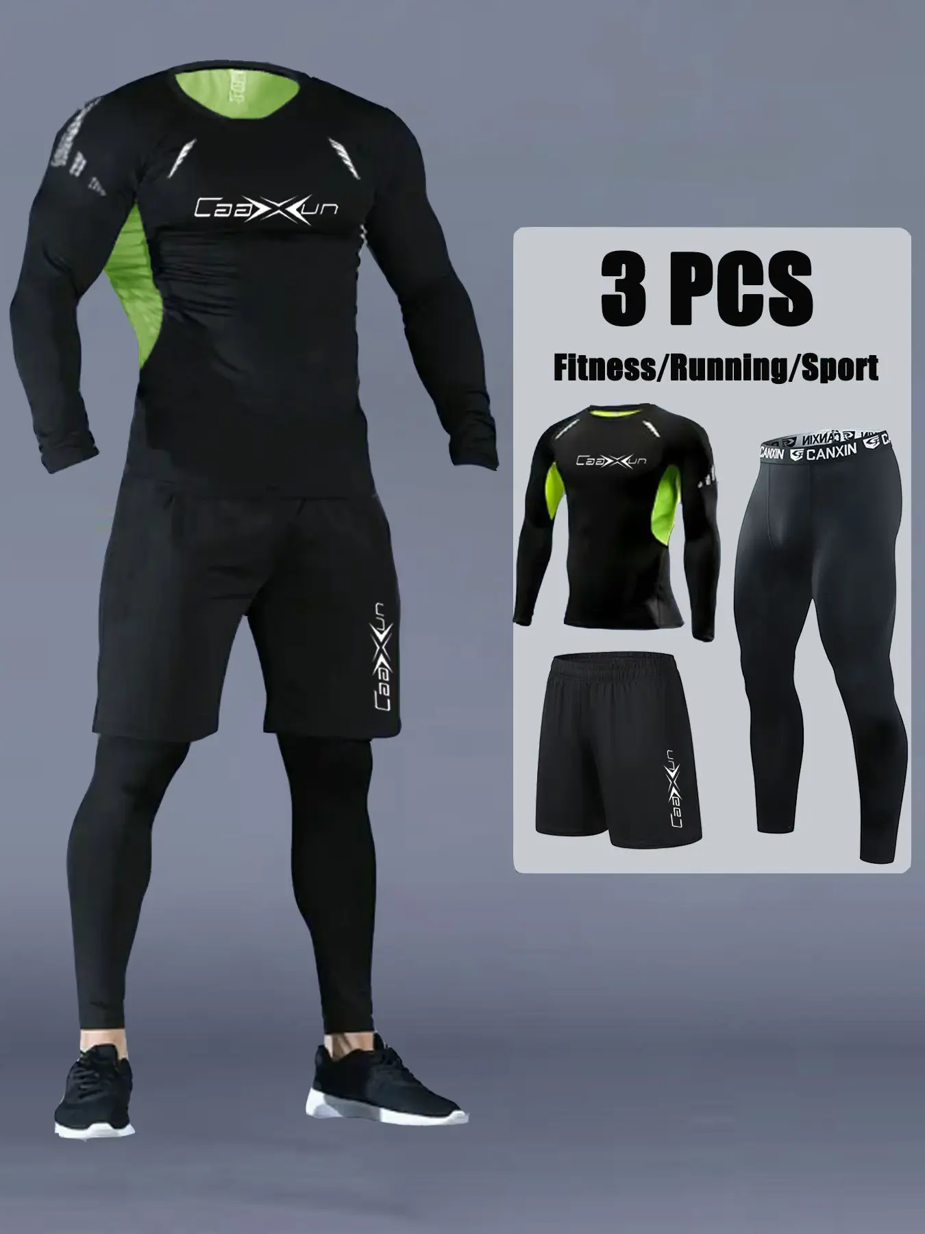 Men's Sports Set, Exercise Clothing Set, Tight-Fitting Body Shaping, Round Neck Design, Fashion Print, Breathable Mesh Compression Top + Drawstring Shorts + Pants, Fitness Sportswear Set