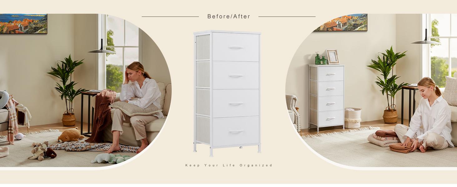 【New Color】Dresser for Bedroom, Storage Drawers,Skinny Fabric Storage Tower with 4 Drawers,Tower Organizer Unit,Chest of Drawers with Wooden