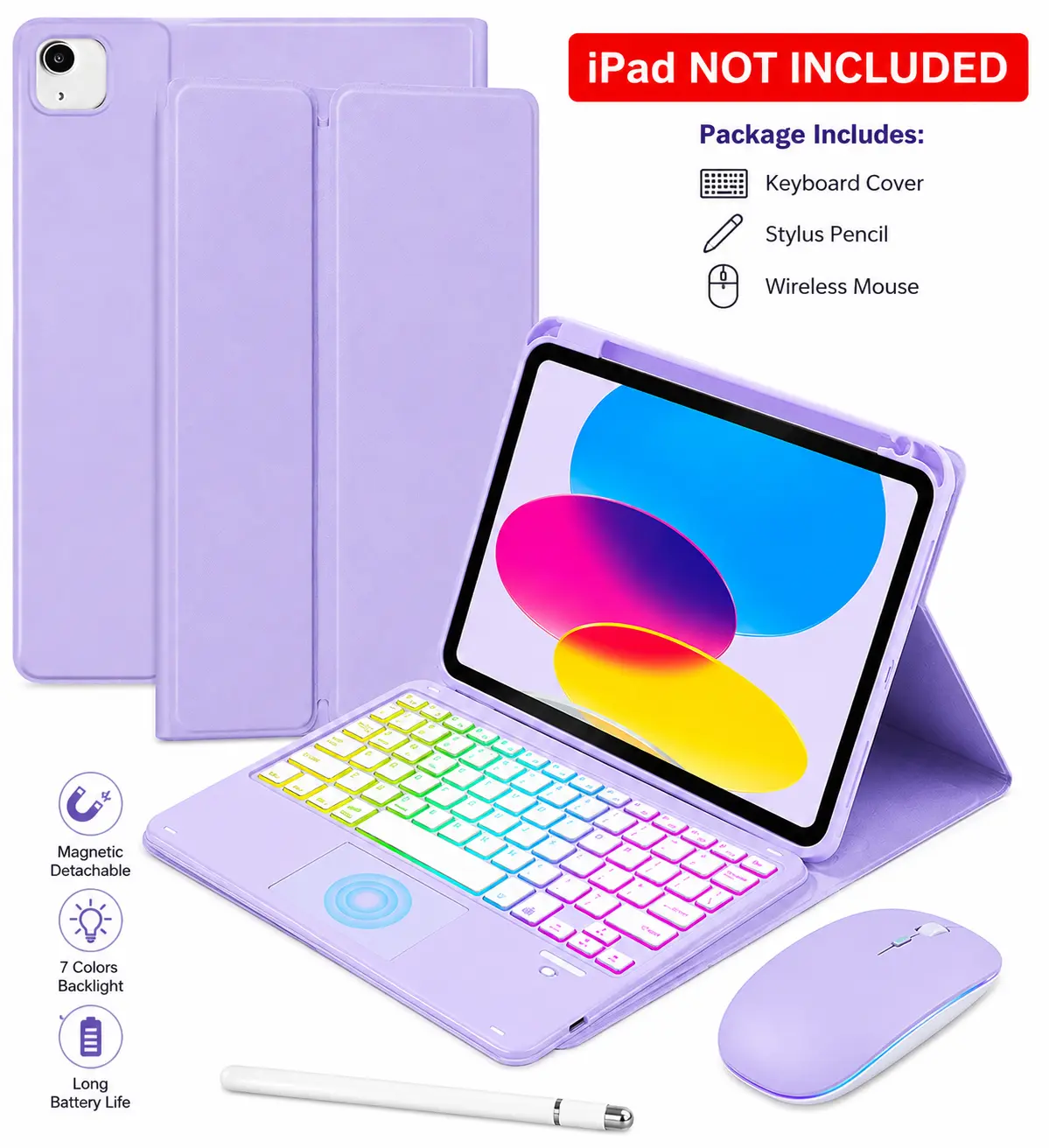 Touchpad Keyboard Case for iPad A16 11th/10th Generation/Air 11 | inch M4 M3 M2/Air 5th 4th 10.9-inch,Rainbow Backlight Type-C Charging Keyboard Cover with Stylus Pencil and Mouse, Purple Bluetooth Cable, Accessories, Tablet