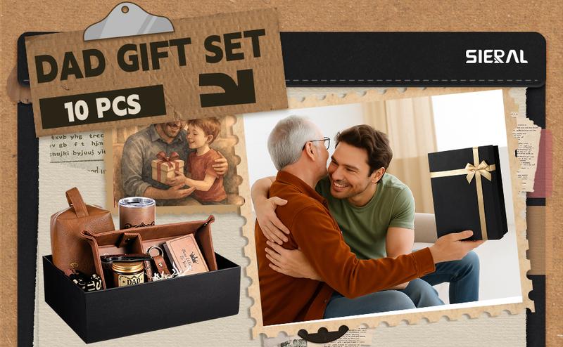 10 Pcs Valentine Gift for Men Dad Gift Set with Leather Tray Tumbler Toiletry Travel Bag Sock Scented Candle Wood Knife, Leather Gift Box From Son Daughter Wife for Father's Day Holiday Anniversary Birthday