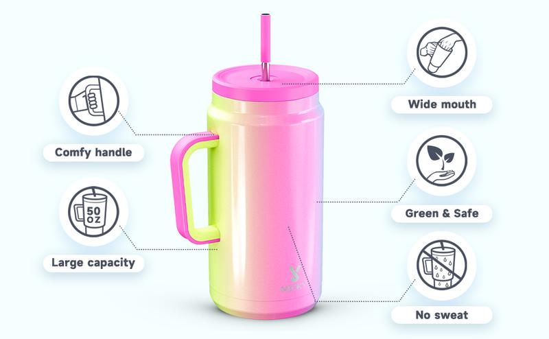 Meoky [Live Exclusive] 50 oz Tumbler with Handle and Straw, Stainless Steel Vacuum Insulated Tumbler with Lid and Straw, Keeps Cold for 36 Hours, 100% Leak-proof, BPA-Free, Non-slip Base,Valentine's Day gift Vacuumflask Drinkware