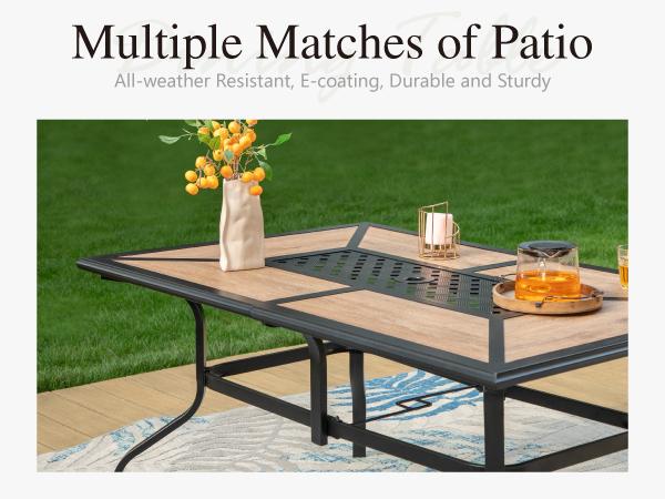 Phivilla Rectangular Outdoor Dining Table with 1.6"-2" Adjustable Umbrella Hole, 6 Person Patio Table for Outdoor, Rectangle Patio Table with Faux Wood Tabletop and Metal Steel Frame