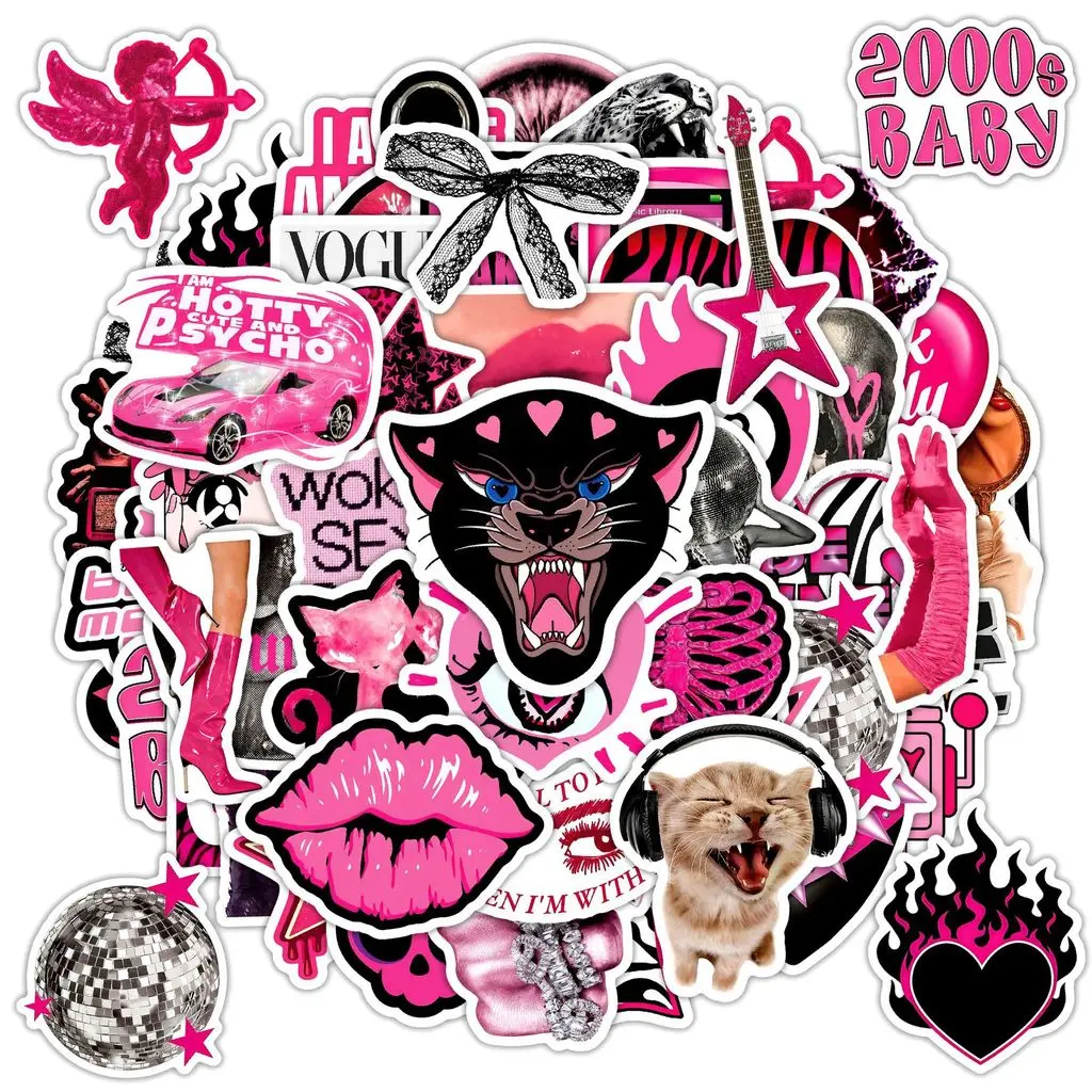 50 Sheets Trendy Y2K Black Pink Edgy Customizable Sticker Set Packs - INS Aesthetic Waterproof Labels Stickers For Scrapbooking for Personalized Skateboard Helmet & Suitcase Embellishment Scrapbooking Crafts