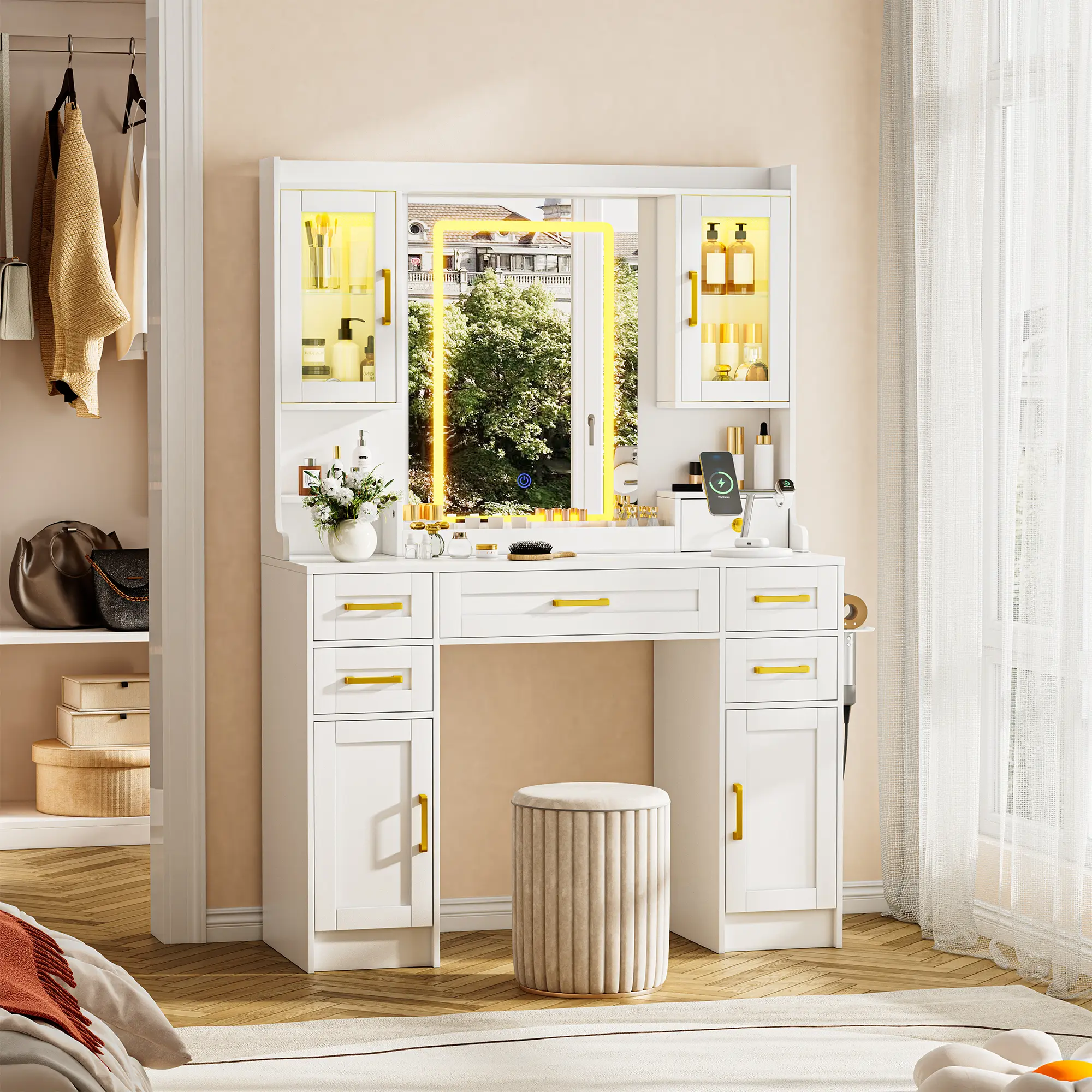 LHBcraft Makeup Vanity with 16 RGB Colors LED Lights, Adjustable Dressing Table with LED Lights, Vanity Mirror Desk with Ample Storage& Charging Station