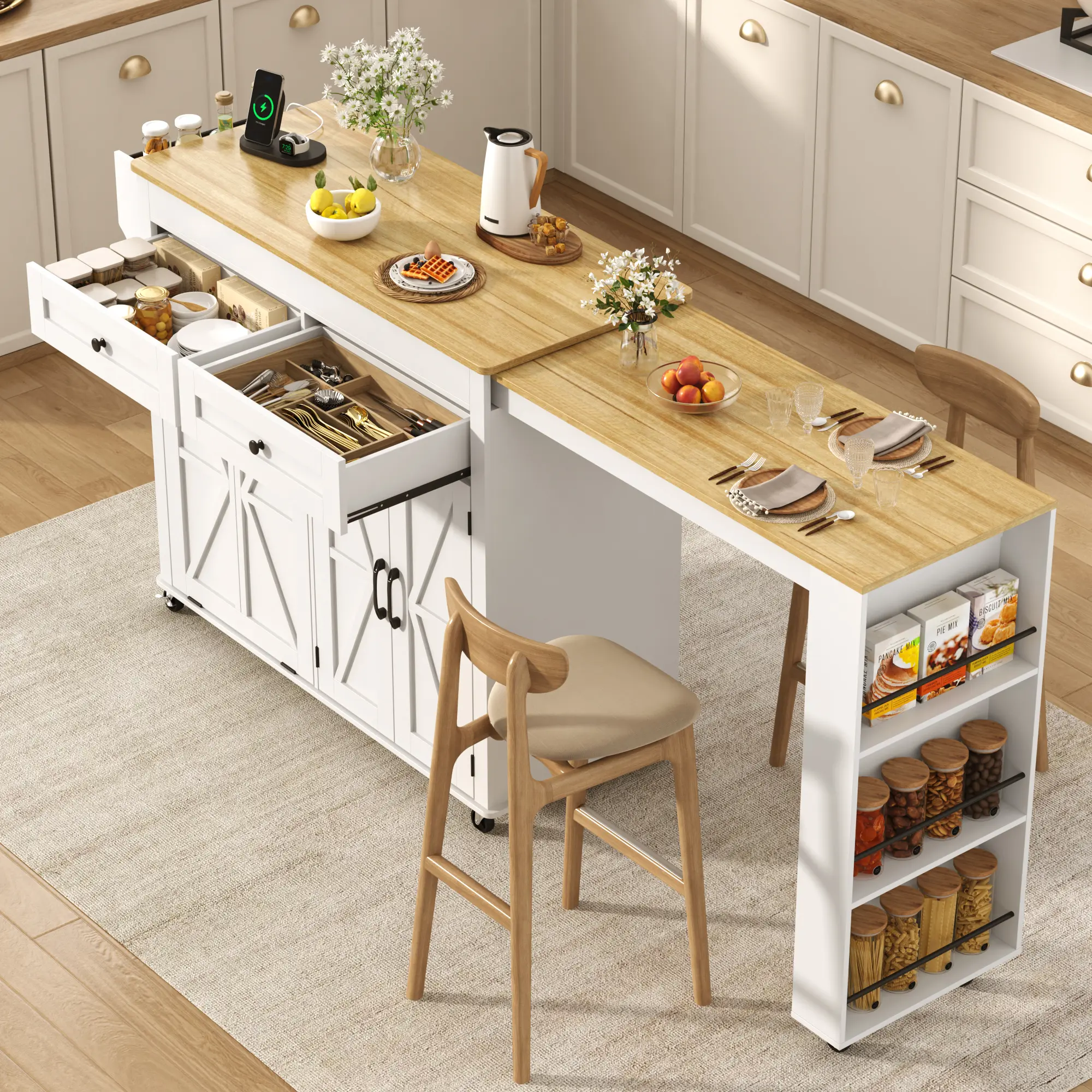 Farmhouse Style Compact Kitchen Island - 81"-51" Extendable Dining Table, Rolling Design Engineered Wood Cart with Power Outlet, Storage Cabinet, 2 Drawers & 10 Side Shelves