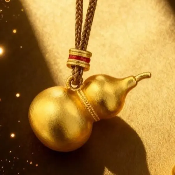 Sand Gold Gourd Pendant - Ancient Vermeil Gold & Zircon Craft, 33mm, 18*12mm, Attracts and Guards Wealth, Safe, Noble Elegant Fashion Costume Jewelry Necklace for Family, Golden