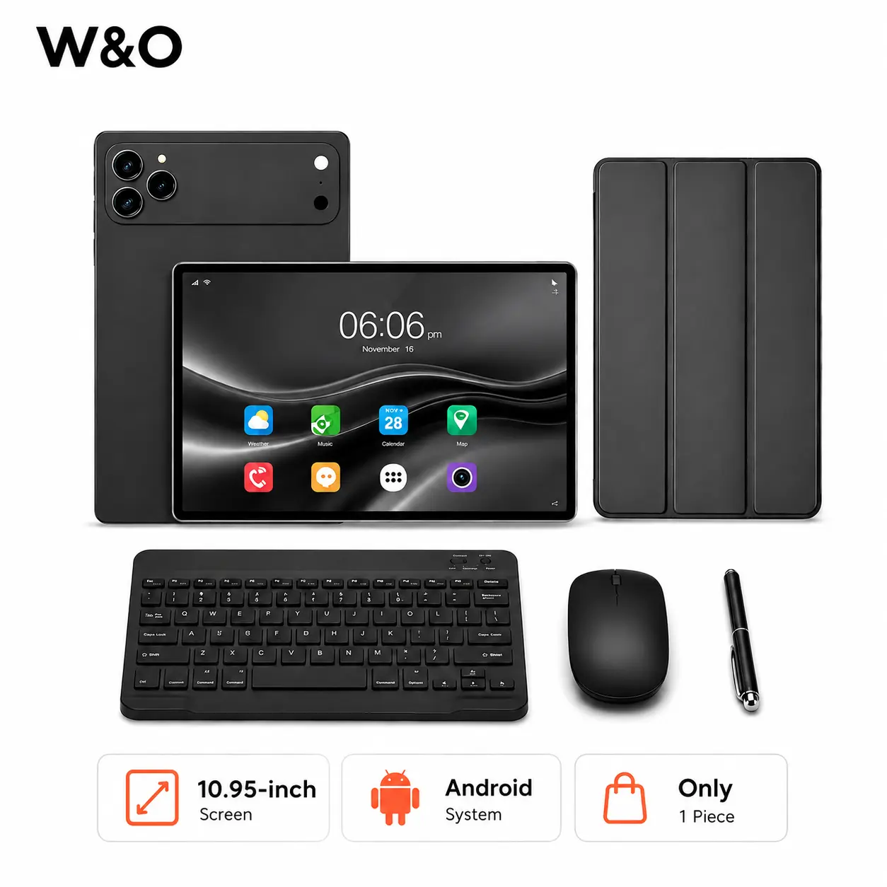 W&O 2026 Android 15, 11-inch Tablet, 12GB RAM + 256GB Expandable Storage, Long Lasting Battery, Large HD Screen, 10000mAh Battery, 5G WiFi, Portable Device with Keyboard, Mouse, Case, Stylus, Dual Camera, Work, Valentine’s Day Gift bundle smart