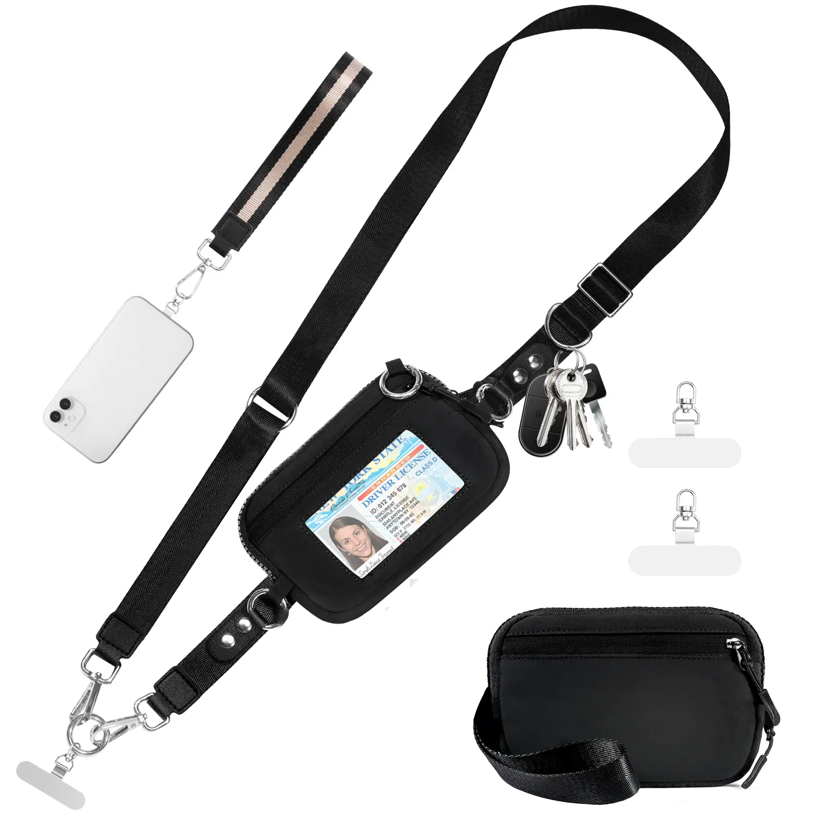 Clip and Go Strap Smart phone with Bag, Adjustable Crossbody Cellphone Lanyard, Detachable RFID Wristlet Wallet with Transparent ID Window – Phone Accessory for Concerts, Water Proof, Smartphone, Accessories