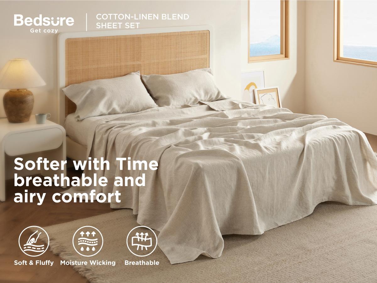 Bedsure Linen Sheets- Bed Blend from Linen Cotton, Breathable Cotton Bedsheets, 4 Pieces , Gifts for All Season
