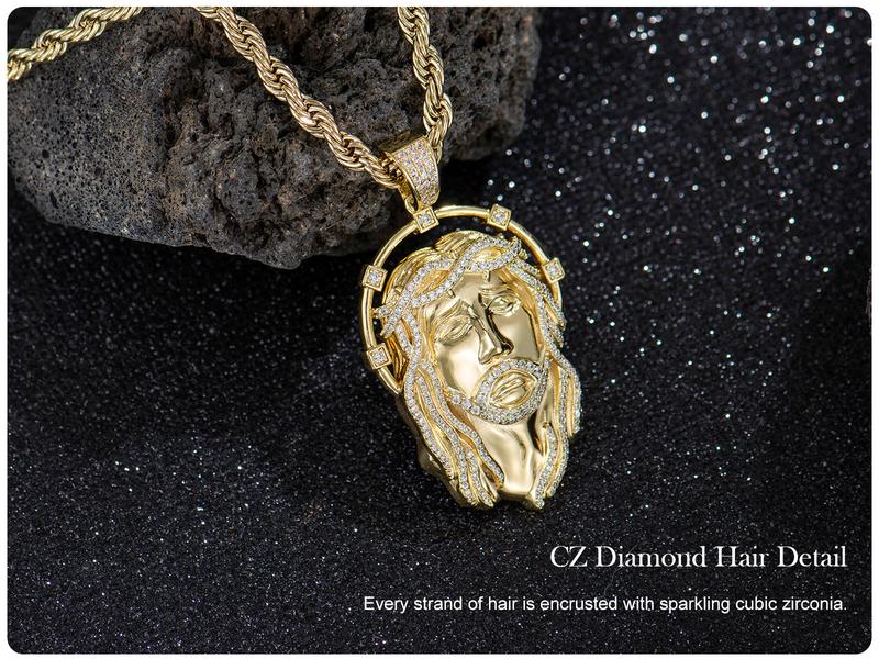 Holylegend 14k Real Gold-Plated Mens Jesus Pendant Necklace, Iced Out Jesus Head with Halo, CZ Diamond Hair & Fully Paved Bail, Hip Hop Religious Jewelry, Gift for Fashion Lovers