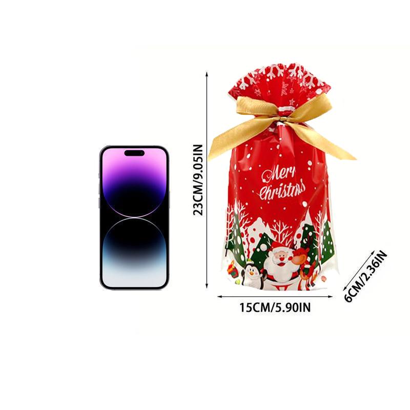 50PCS New Year Gift Bags Set, Drawstring Wrapping Bags with Tags, Holiday Reusable Goody Bags, 6 Designs, Medium Size 5.91" × 9.06"（Styles Ship Randomly）