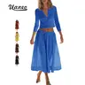 UANEO Womens 2 Piece Lounge Sets with Pockets Matching Vacation Outfits Ribbed Button Down Cardigan and Elastic Waist Skirt Sets