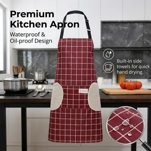 New Large Checkered Burgundy Apron Unisex Kitchen Apron for Home Use Wipeable, Waterproof, Oil-Resistant Restaurant Workwear