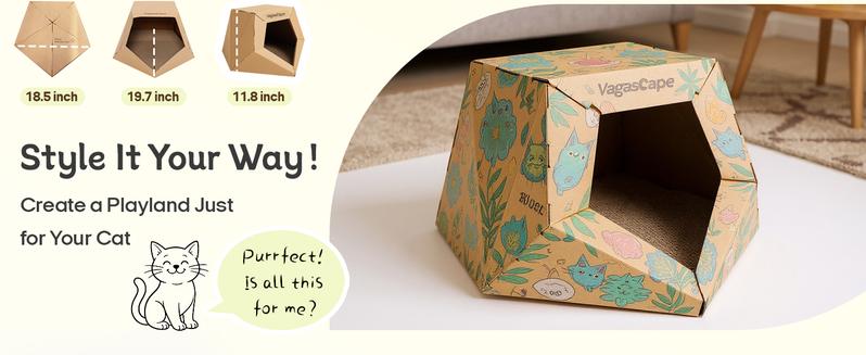 Vagascape DIY Cat House, DIY Origami Hand-Painted Cat House, Scratch-Resistant Kraft Paper Material, Foldable Washable Pet House, Ped Bedding, A Special Gift Just for Your Pet