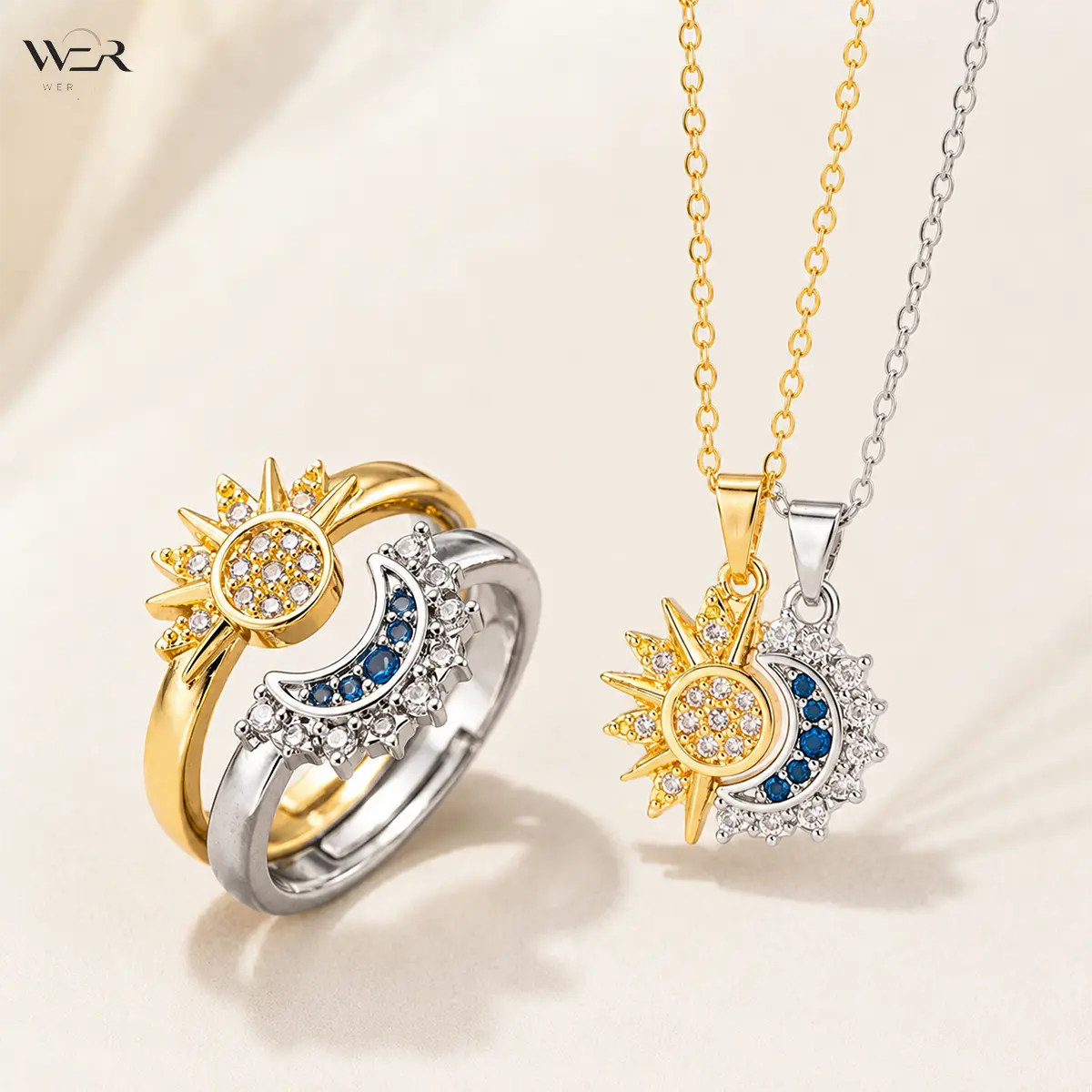 Celestial Aesthetic Sun and Moon Jewelry Set for Women with Rhinestone Pendant Necklace and Ring, Gold and Silver-Tone Gift for Everyday Wear