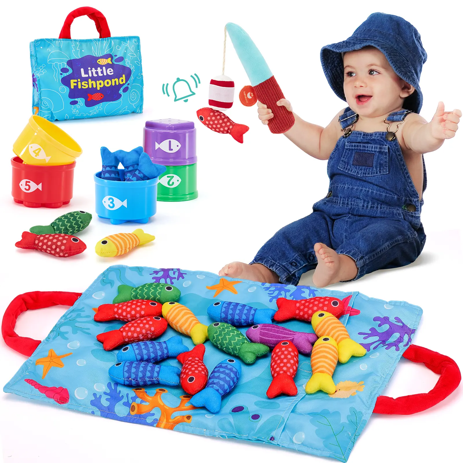 hahaland Toddler Fishing Set-10 in 1 Cloth Fishing Game Toddler Toys with Stacking Cups - Number Counting, Color Sorting Learning,Montessori-Inspired Fishing Game with 22 Pcs for 1 Year Old Boys Girls,Newborn/toddler Birthday Gift,Stackable Fish Buckets