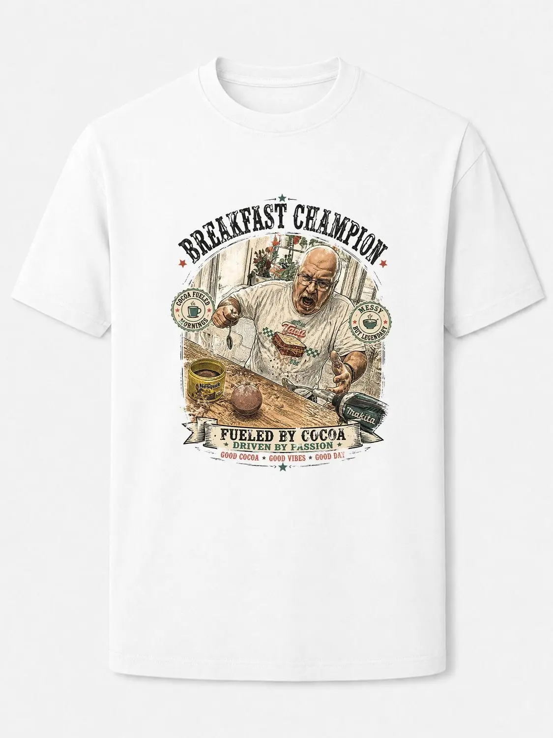 Vintage Breakfast Champion Graphic Tee For Men Retro Distressed Old Man Breakfast Cocoa Print T-Shirt Funny Foodie Streetwear Casual Short Sleeve Top Aesthetic 90s Diner Style Cotton Tee Gift For Breakfast Lovers Cocoa Addicts Unique Conversation Starter