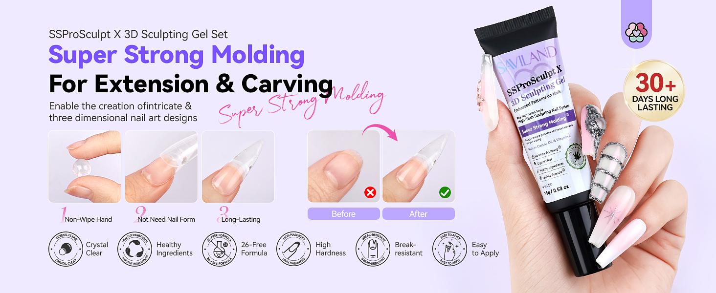 SAVILAND 3D Nail Gel & Chrome Powder Kit: Includes 3D Sculpting Gel Chrome Powder For Gel Nail Art Perfect For Home Manicures And DIY Nail Decoration