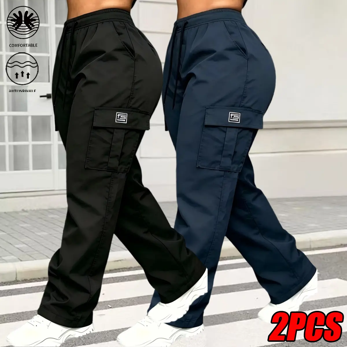Lady's Basic All-Season 2-Pack Mid-Waist Wide-Leg Cargo Pants, Casual Chic Women's Bottoms with Adjustable Drawstring Waist, Flap Pockets, Wrinkle-Resistant, Soft, Breathable Streetwear Trousers for Work, Travel, Hangouts