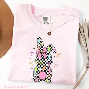 Comfort Colors Retro Easter Bunny Coquette T-Shirt, Happy Easter Graphic Tee, Pink Bow Bunny Design, Retro Checkered Floral Spring Shirt
