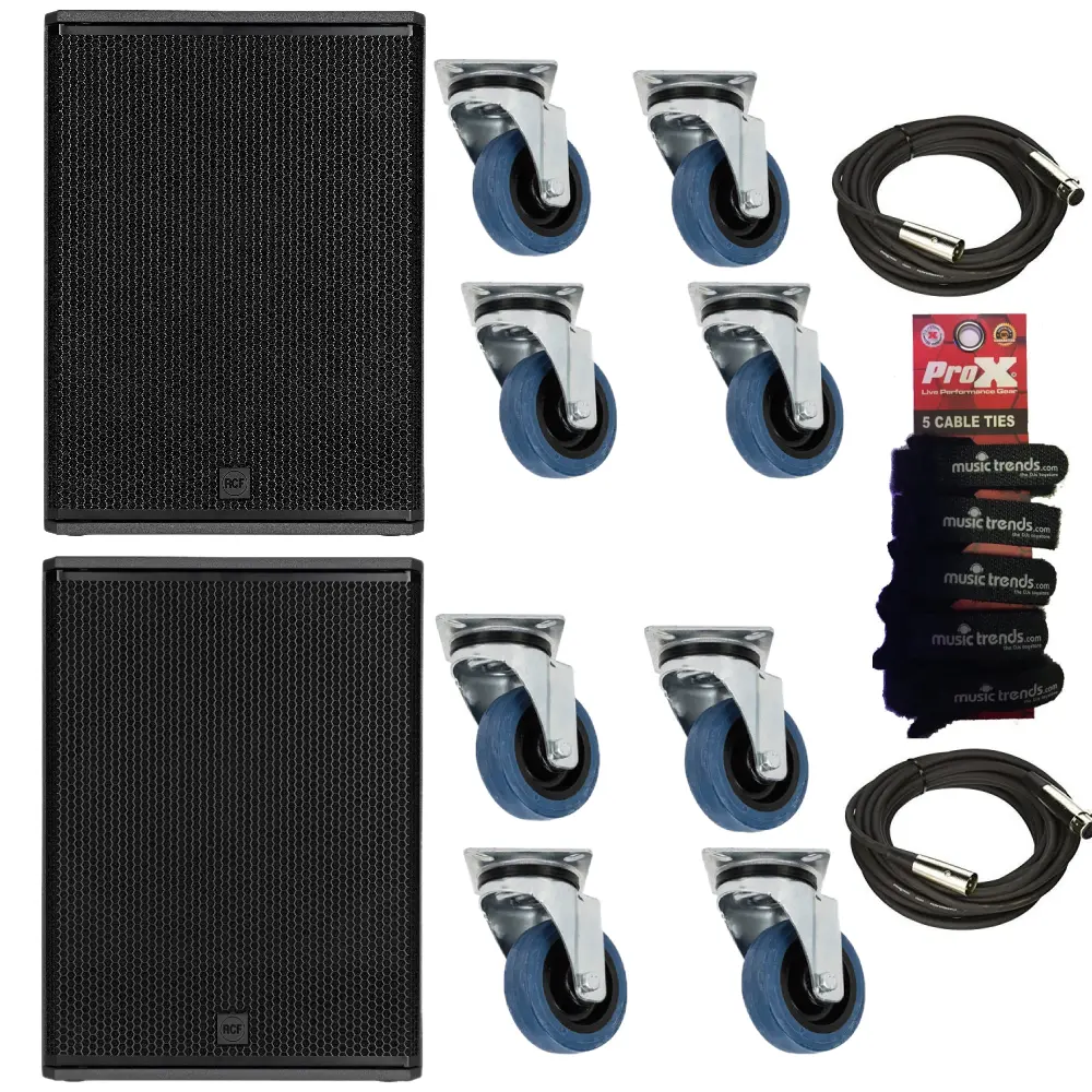 2x RCF SUB 18-AX PROFESSIONAL ACTIVE 18" SUBWOOFER (BLACK) + Wheels + XLR Cable