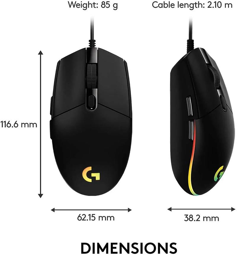 Logitech G203 Wired Gaming Mouse, 8,000 DPI, Rainbow Optical Effect LIGHTSYNC RGB, 6 Programmable Buttons, On-Board Memory, Screen Mapping, PC/Mac Computer and Laptop Compatible - Black