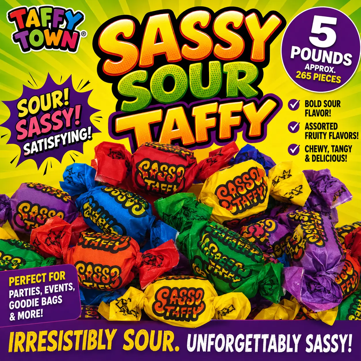 Taffy Town Sassy Sour Assorted Salt Water Taffy 5 lb Bag  Soft & Chewy Sour Candy | Gourmet Bulk Taffy for Parties & Candy Buffets
