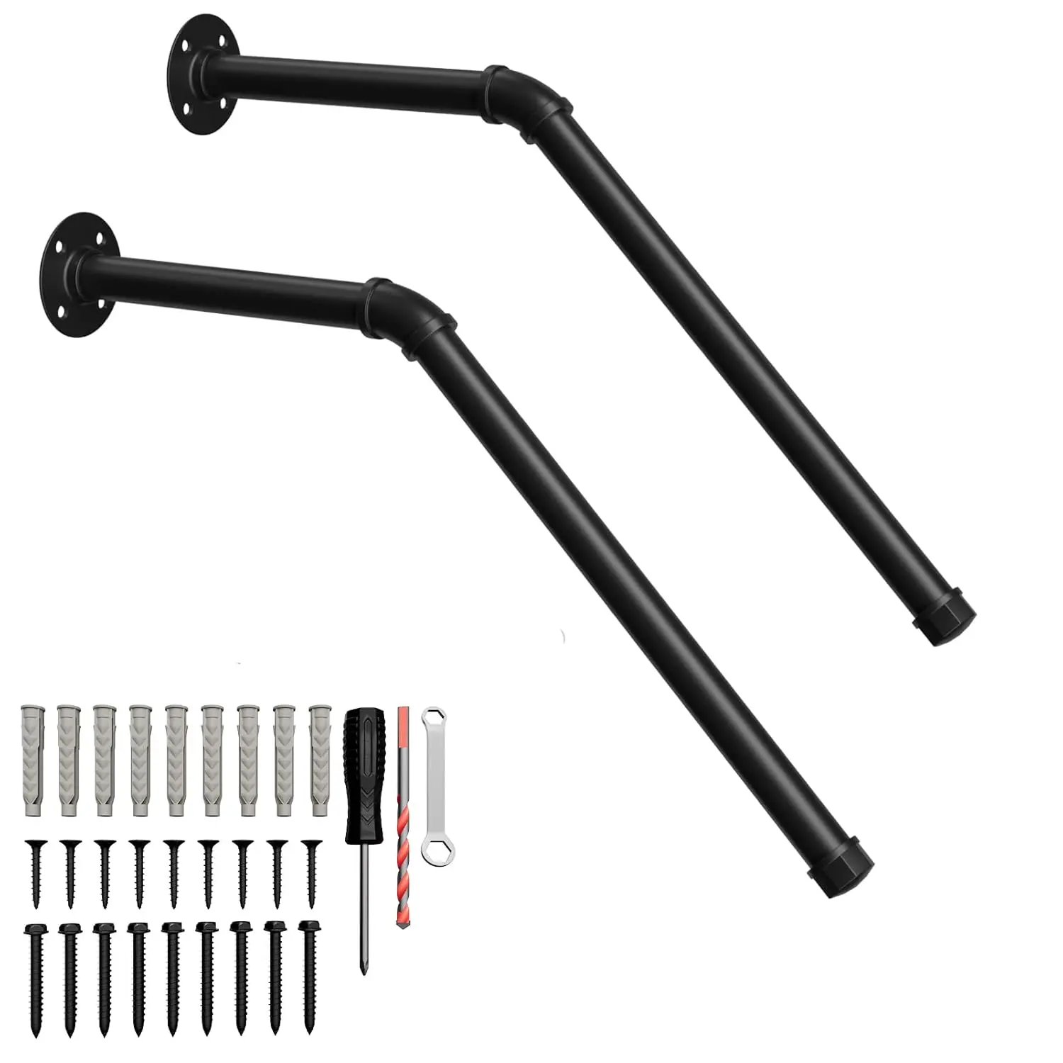 2 Pack Wrought Iron Stair Handrails, Wall-Mount for 1-3 Steps, Black Elderly Grab Bars for Indoor Stairway & Outdoor Garage, Home Improvement Bathroom Safety Bars