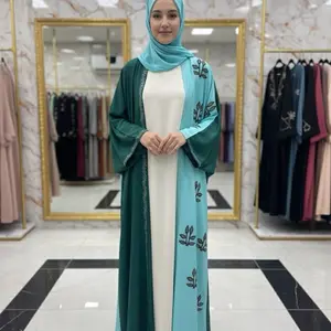 Dubai Elegant and Modern Traditional Modest Wear Abaya with Embroidered Leaves Design in Teal and White