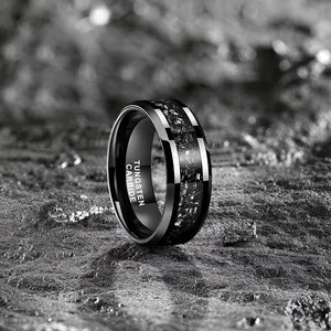 8mm Silver/Black Tungsten Rings for Men Women Meteorite Shavings Inlay Promise Engagement Wedding Bands Beveled Edges Polished Shiny Comfort Fit