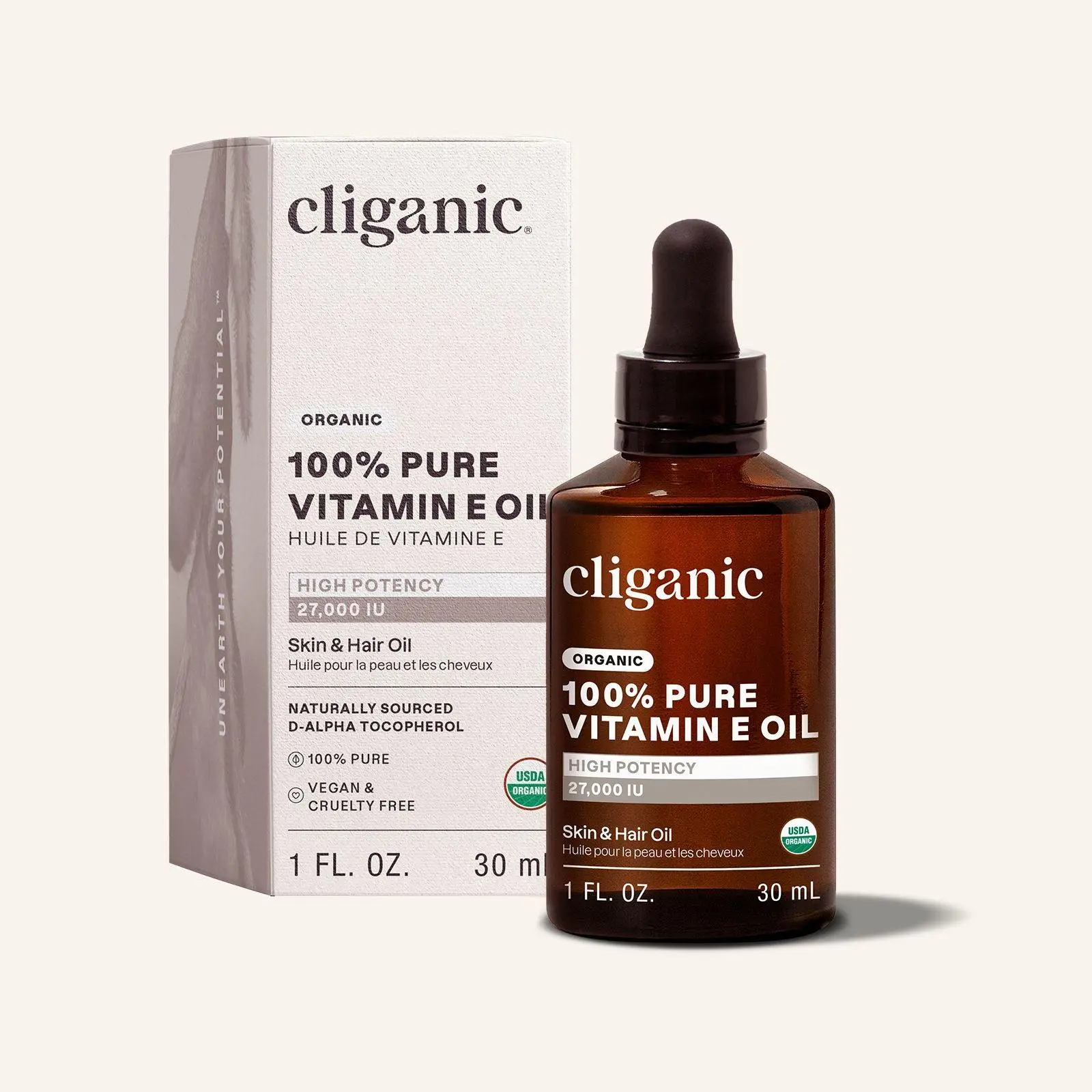 Cliganic Organic Pure Vitamin E Oil for Skin, Hair & Face - 27,000-46,000 IU, Non-GMO Verified | Natural D-Alpha Tocopherol