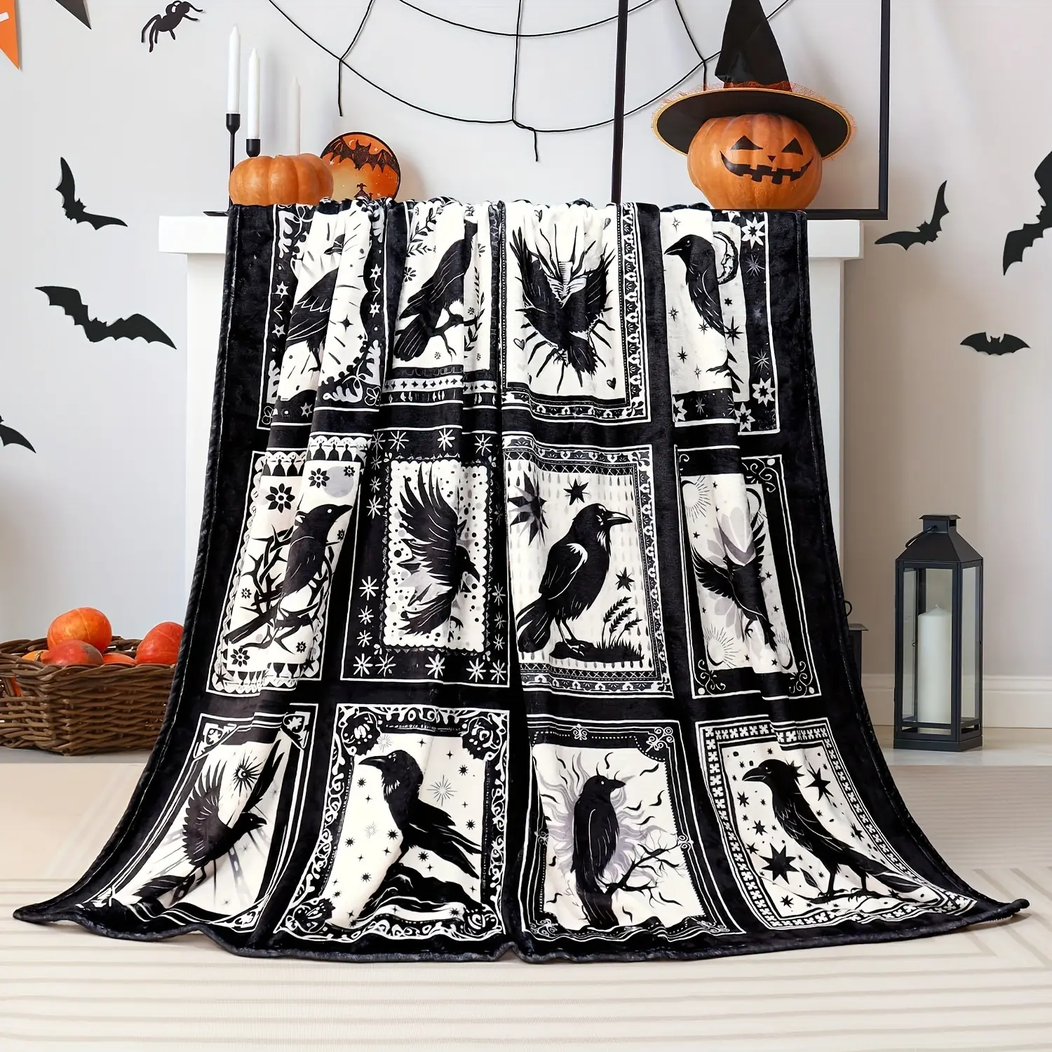 Vintage Goth Flannel Printed Blanket - 30x40 in Durable Soft Throws Blanket, Black White Raven Crow Patchwork, Dark Aesthetics Decor, Warm Plush Bedroom Essential, Ideal Gift for Gothic Lovers