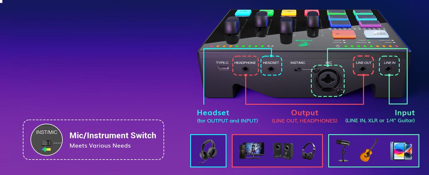 TONOR TX310 Gaming Audio Interface, RGB Mixer with Pro-preamp, 6.5mm & XLR Channels, Support for Instrument Input, for Gaming & Live Streaming