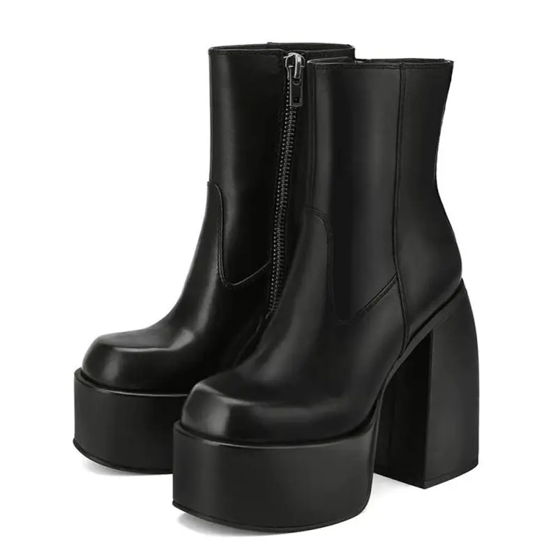 Ankle Boots for Women Chunky High Heel Sqaure Toe Side Zipper Pu Leather Stretch Boots Platform GoGo boots