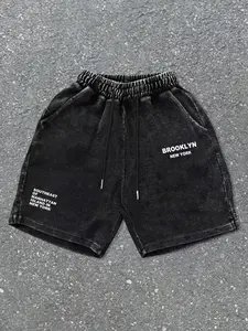 Men's printed shorts, letter print design, retro, fashionable, casual, nostalgic, washed and distressed drawstring shorts, Casual Streetwear Shorts