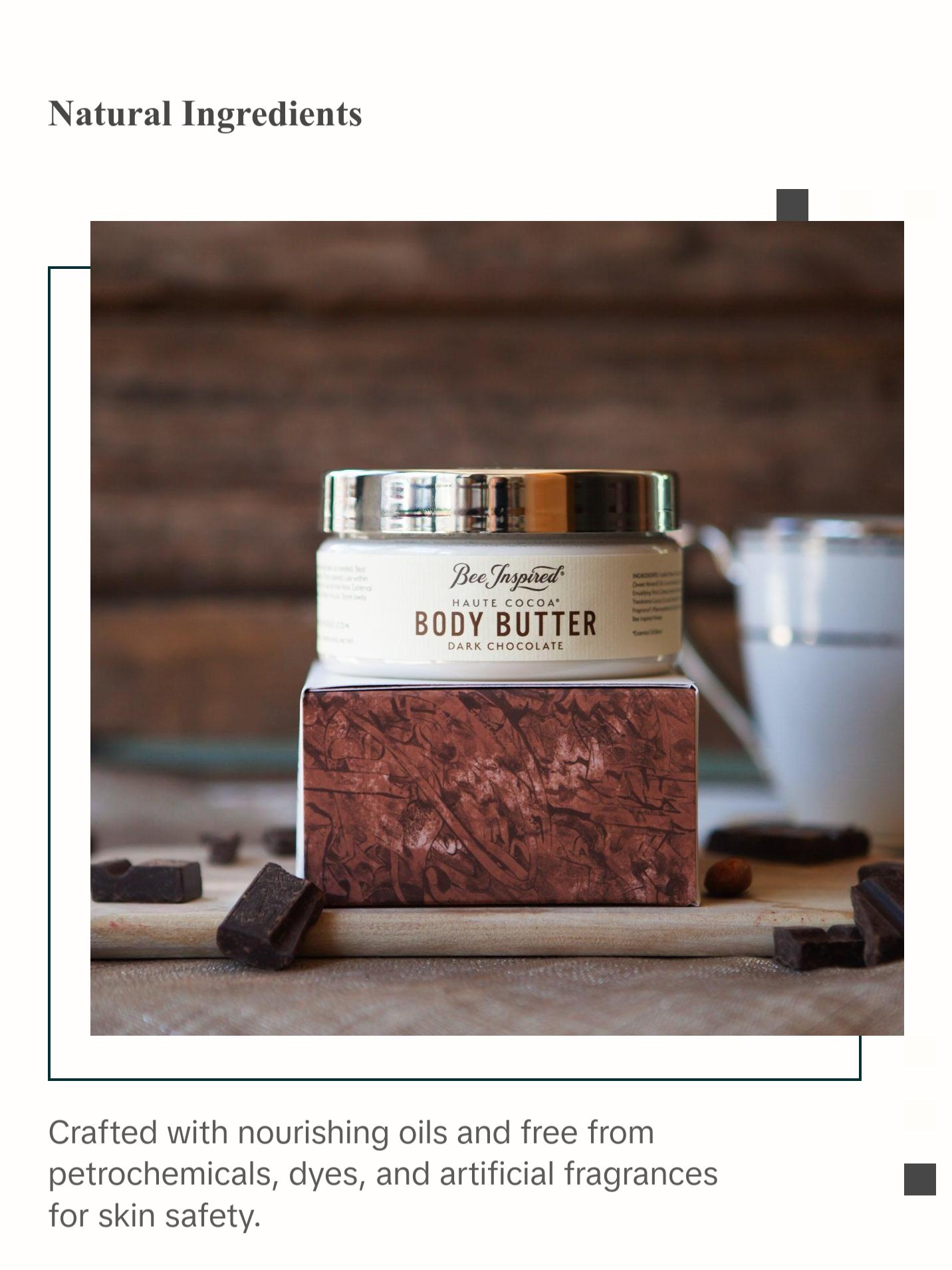 BeeInspired Haute Cocoa Honey Body Butter - Dark Chocolate Scented, 7 oz, Moisturizer for All Skin Types, Handmade in America, Free of Petrochemicals & Dyes